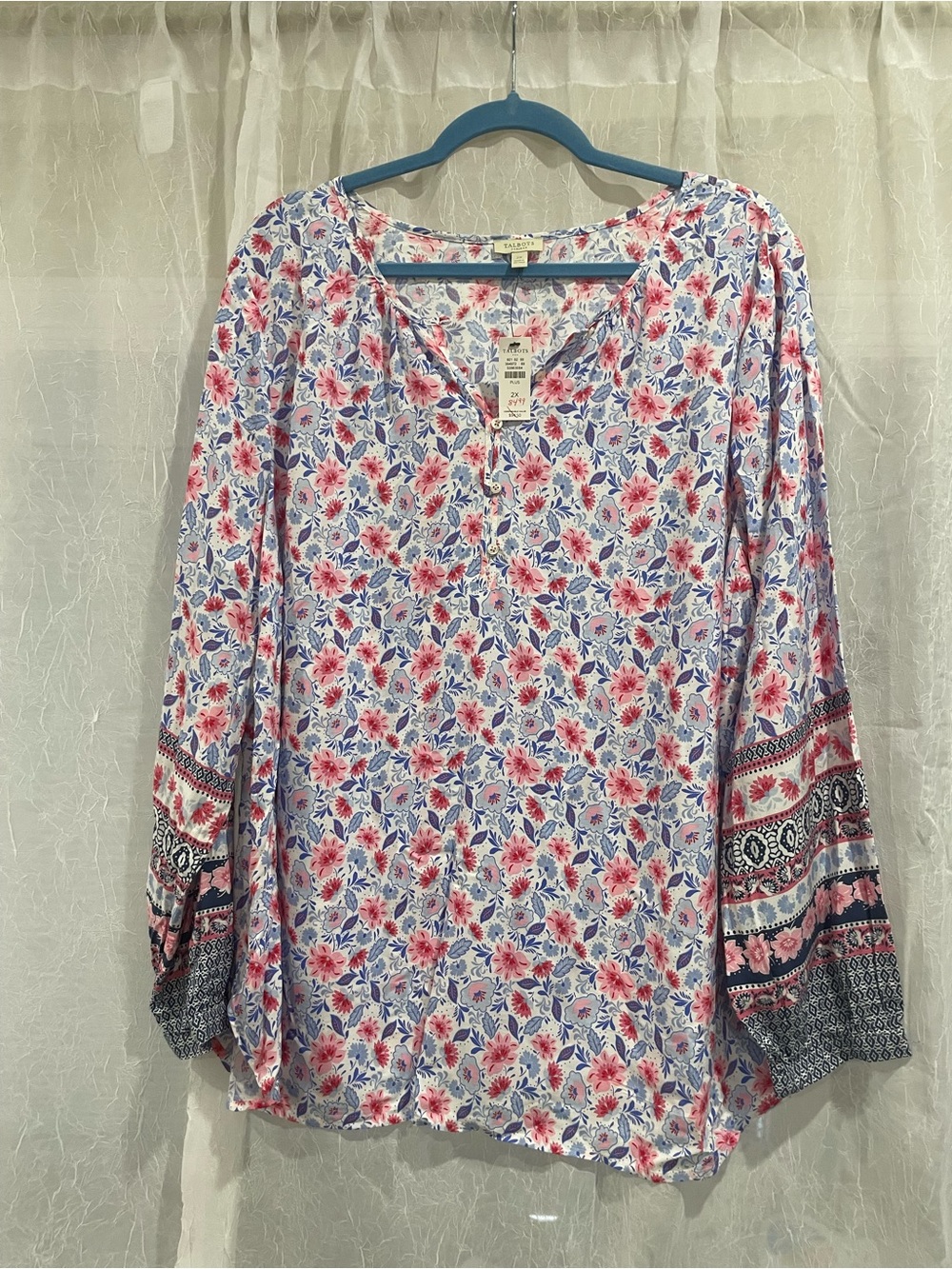NWT Talbots Pink and Blue Floral V-Neck Tunic with Patterned Cuffs